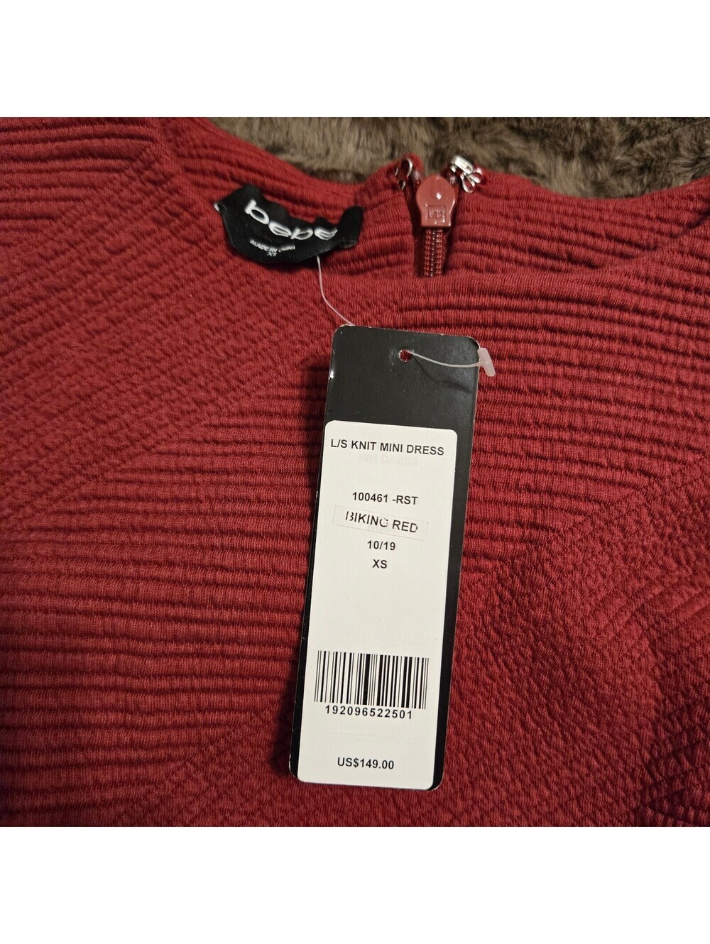 Bebe Red Textured Long Sleeve Bodycon Dress Y2K NWT Retail $149 - Picture 9 of 9